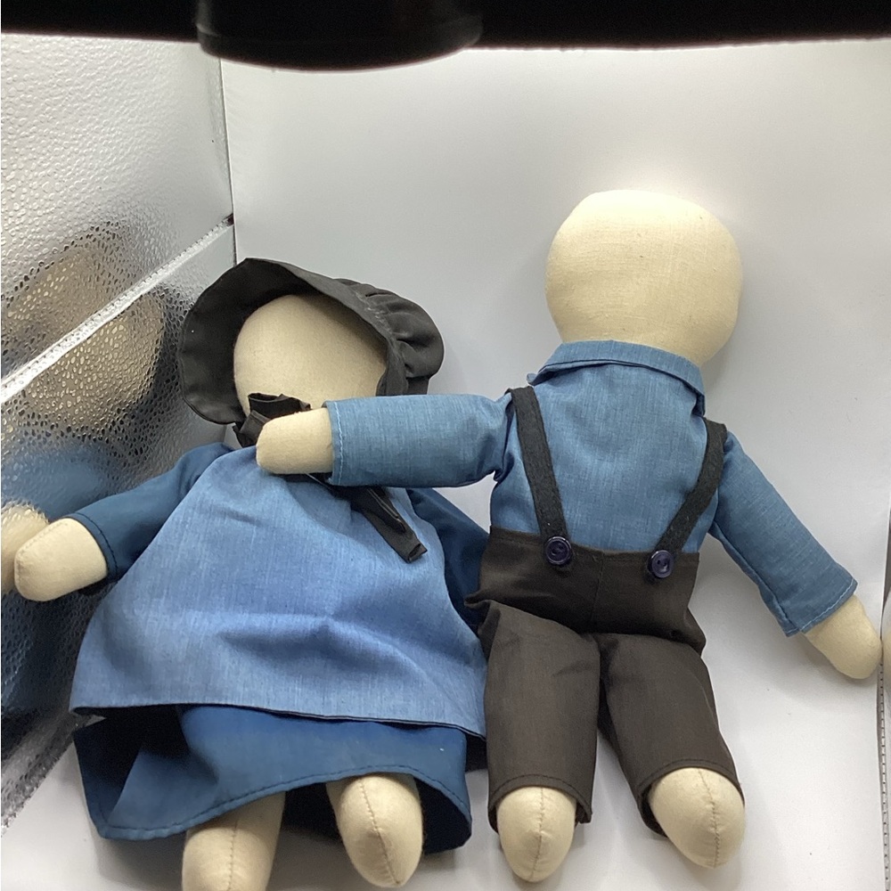 Handcrafted Amish Faceless Doll Set with Blue and Black Outfits 11.5”
